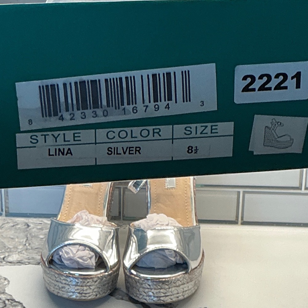 Lina Silver Metallic Espadrille Platform Wedge Sandals 8.5 Open Toe Ankle Strap - Picture 6 of 6